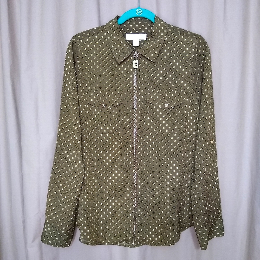 Michael MK olive green stud print zip up blouse